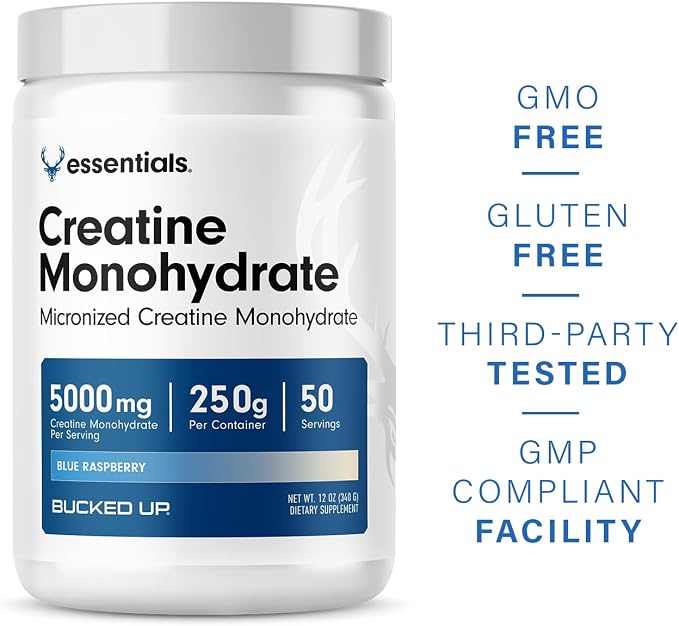 Bucked Up Blue Rasberry Creatine for Women and Men - Easy to Mix Vegetarian - Flavored Creatine Monohydrate Powder - Made in USA - 5G Per Serving - 50 Servings - 250 Grams Per Container