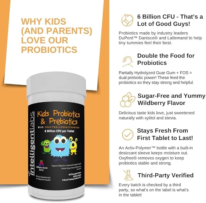 Intelligent Labs Kids/Children Probiotics 6 Billion CFU with Prebiotics, PHGG & FOS, Once-Daily Chewable, Great Taste, 10x Effectiveness, 60-Day Supply, Third-Party Verified