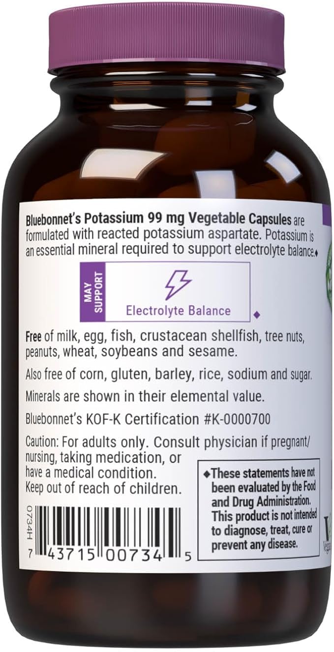 Bluebonnet Potassium Supplement Aspartate 99mg Essential Mineral Supplements for Electrolyte Balance - Non-GMO, Vegan, Kosher Certified, Gluten-Free, Soy-Free, Dairy-Free - 90 Veggie Capsules