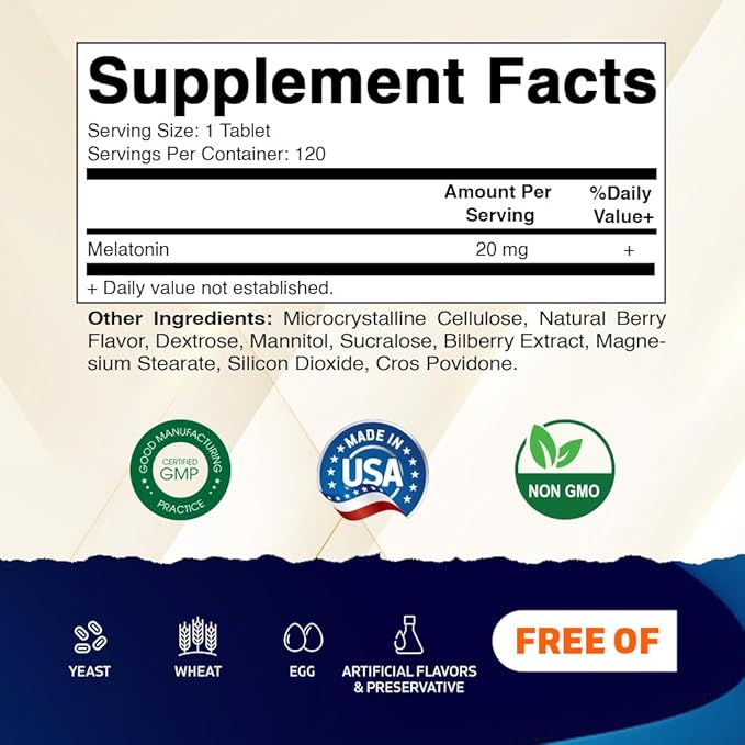 Vitamatic Melatonin 20 mg Tablets | Vegetarian, Non-GMO, Gluten Free | HIGH Potency 20 MG | Natural Berry Flavor (1/2 Tablets = Melatonin 10 mg) (120 Count (Pack of 6))