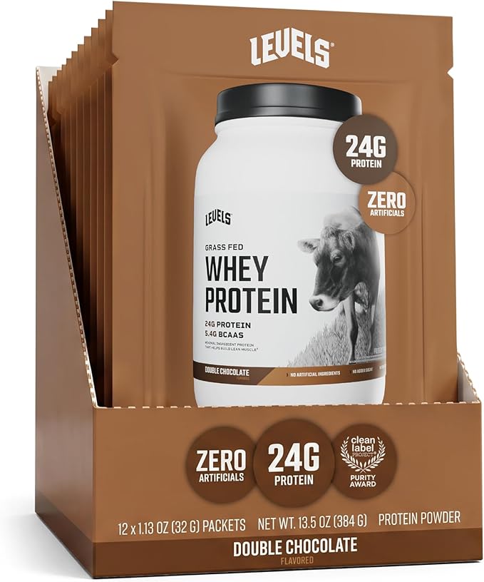 Levels Whey Protein Powder, No Artificials, Double Chocolate, 12 Count | 24G of protein and 5.4G BCAAs per scoop, made with hormone-free dairy, zero junk, no fillers, no added sugar, certified clean
