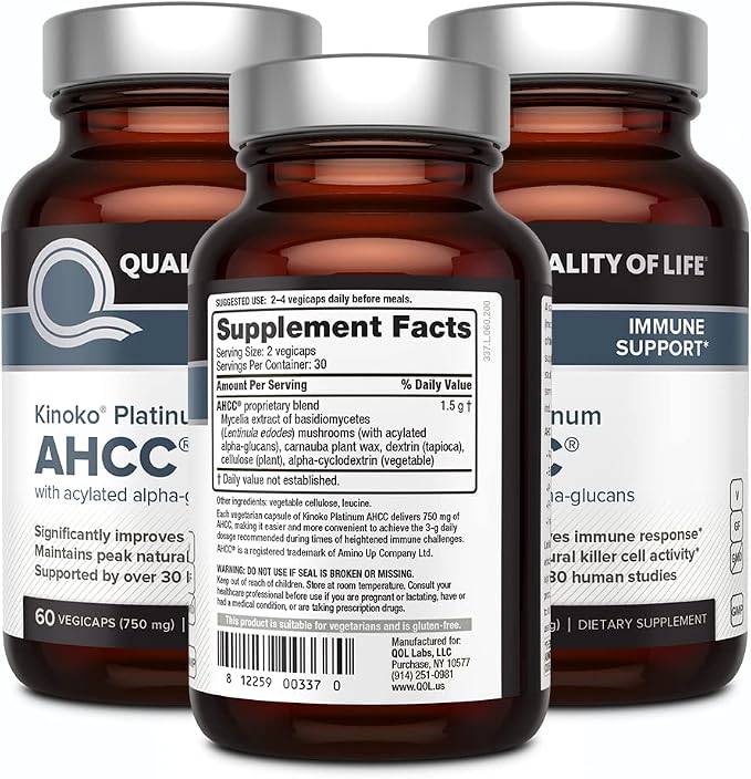 Quality of Life AHCC Kinoko Platinum 750 mg – Premium Immune Support Supplement, Pack of 3-60 Count Bottles