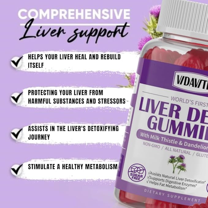 VIDAVITE Liver Cleanse Detox & Repair Gummies — Sugar-free, US-Made, 1500mg Milk Thistle Supplement with Artichoke, Dandelion and 20+ Herbs — Liver Support Supplement for Men & Women(60 Vegan Gummies)