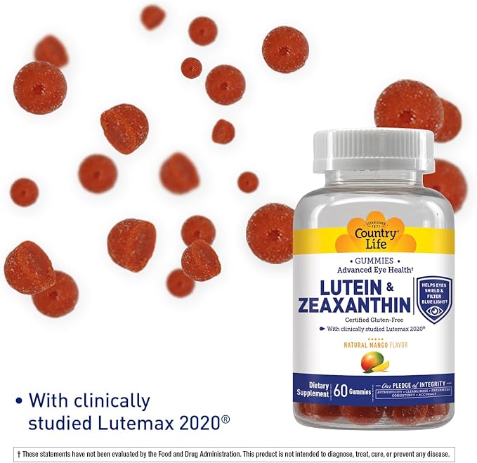 Country Life Lutein Gummies with Lutemax 2020, 60 Ct, Chewable Natural Eye Support Supplement, Marigold Lutein, Zeaxanthin, Eye Health & Macular Support, Non-GMO, Natural Fruit Pectin, Vegan