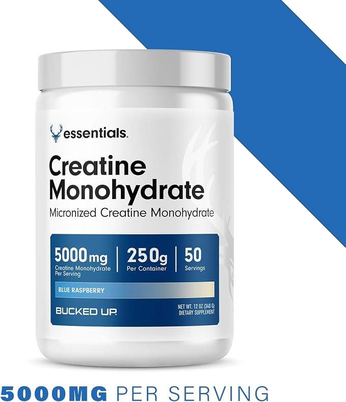 Bucked Up Blue Rasberry Creatine for Women and Men - Easy to Mix Vegetarian - Flavored Creatine Monohydrate Powder - Made in USA - 5G Per Serving - 50 Servings - 250 Grams Per Container