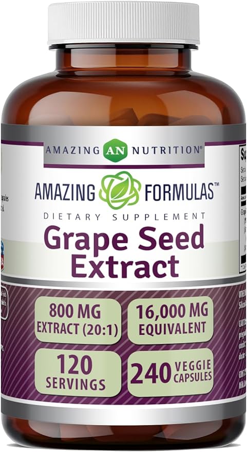 Amazing Formulas Grape Seed 800 Mg | Standardized 20:1 Extract | 240 Veggie Capsules |16000 Mg Equivalent | Non-GMO | Gluten-Free | Made in USA