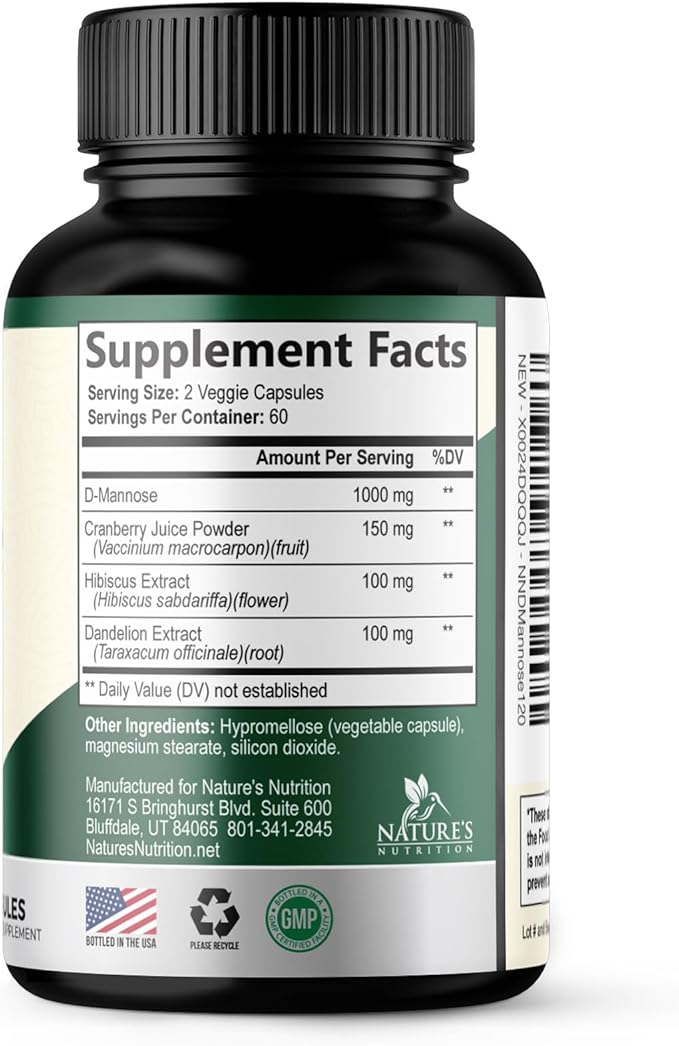 D-Mannose 1000mg Per Serving - Cranberry & Hibiscus - Effective Fast-Acting, Flush The Impurities for Bladder, Urinary Tract Health Support Supplement, for Women and Men, USA Bottled - 120 Capsules