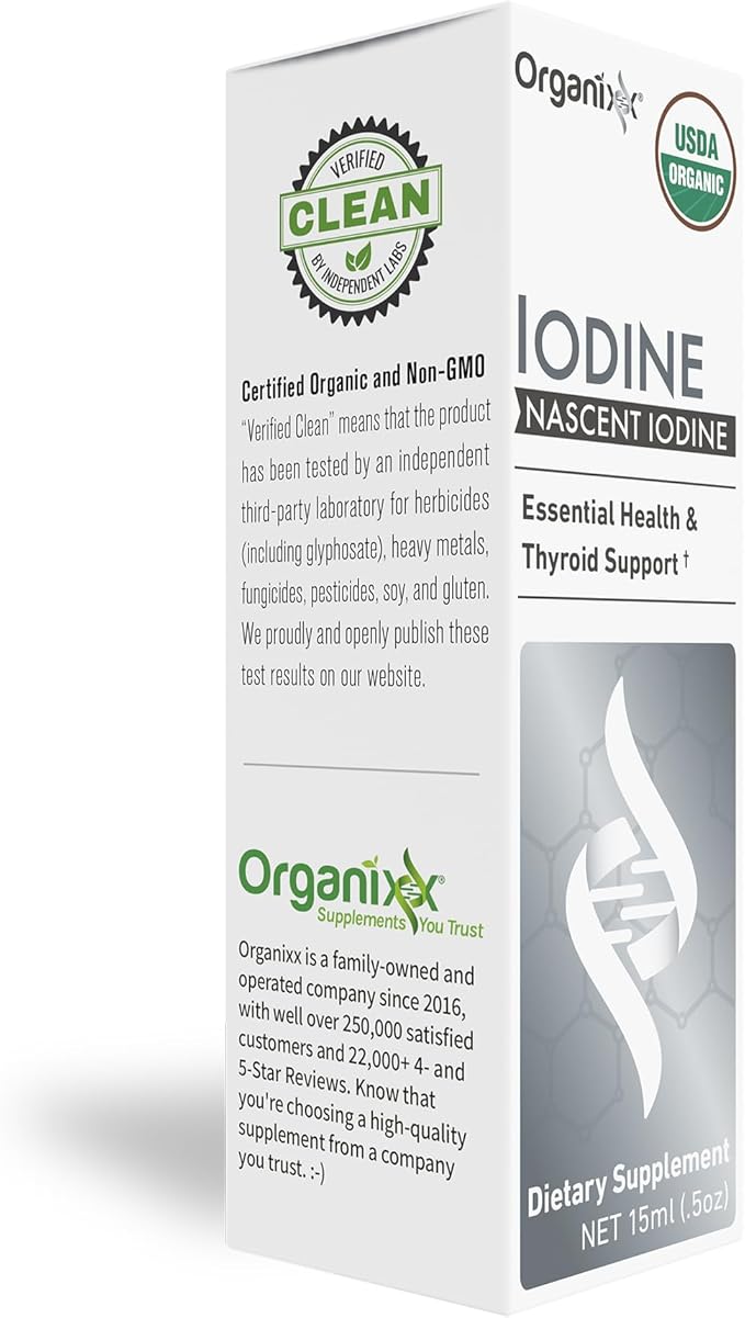 Organixx Iodine Supplement, Organic Nascent Liquid Drops, Pure Iodine Concentrate for Men and Women, Gluten Free, Vegan, Non GMO, American Made, 15 ML, 60 Servings