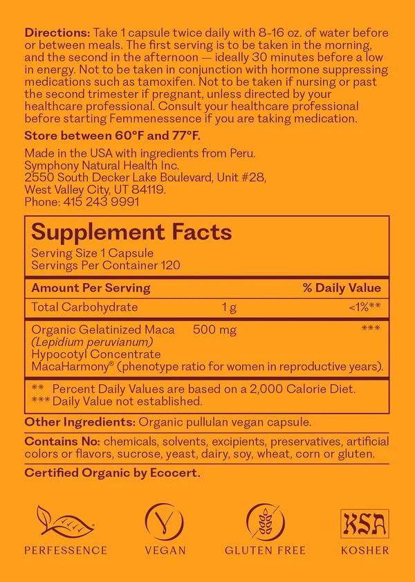 Femmenessence® MacaHarmony® – Clinically Studied Hormone Balance Support for Menstrual Health, PMS Relief, Mood, Skin & Fertility, 120 Natural Organic Vegan Capsules (60 Day Supply)