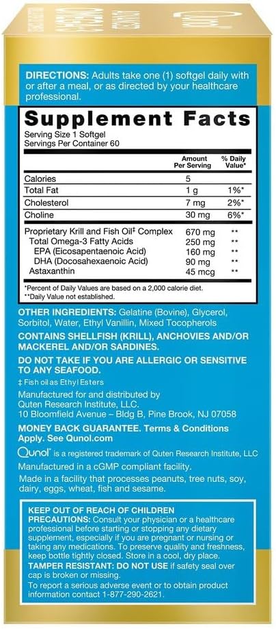 Qunol Advanced Omega 3 Krill and Fish Oil Complex, 10x Better Bioavailability, One Pill Dose, 250mg EPA & DHA, Supports Brain, Eye, Heart and Joint Health, 60 Count (Pack of 1)