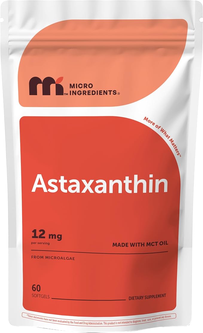 Micro Ingredients Astaxanthin 12mg with MCT Oil, 60 Softgels | Fresh Microalgae Source | Triple Strength, Easy to Swallow, Non-GMO, Gluten Free, Soy Free