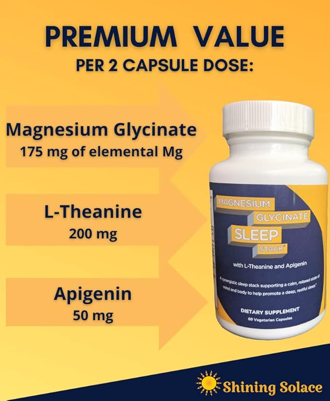 Magnesium Glycinate Sleep Stack with 200 mg L-Theanine, 50 mg Apigenin, 175 mg of Elemental Magnesium Glycinate | Sleep Support Magnesium Supplement | Made in USA