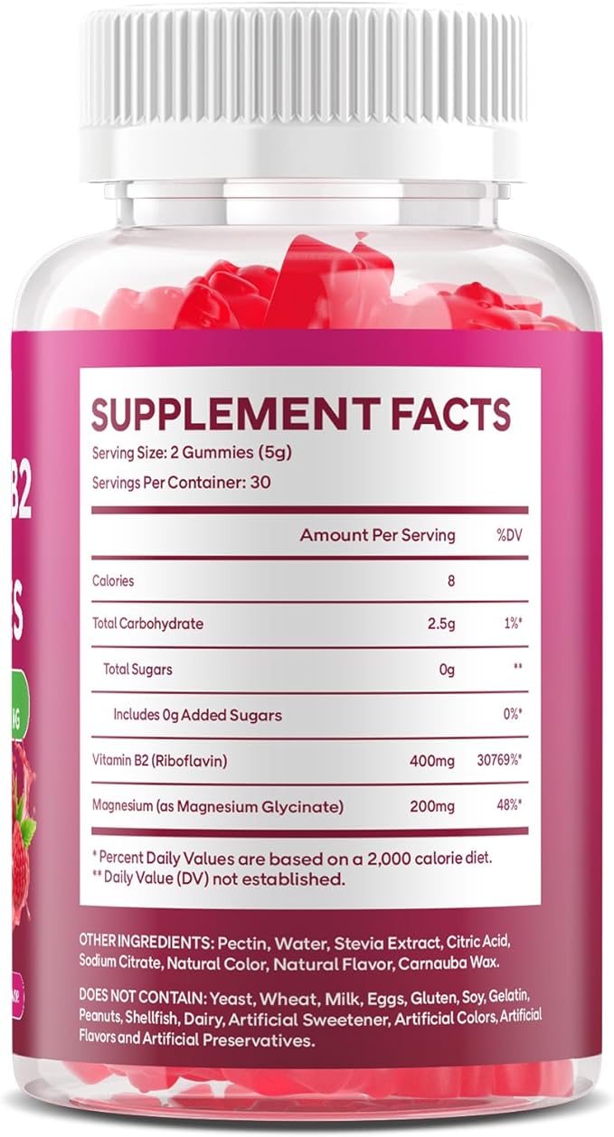 2 Pack Vitamin B2 Gummies Riboflavin 400mg Supplement with Magnesium for Kids & Adults B2 Gummies for Nervous System Support & Skin Health, Raspberry Flavor, 120 Count