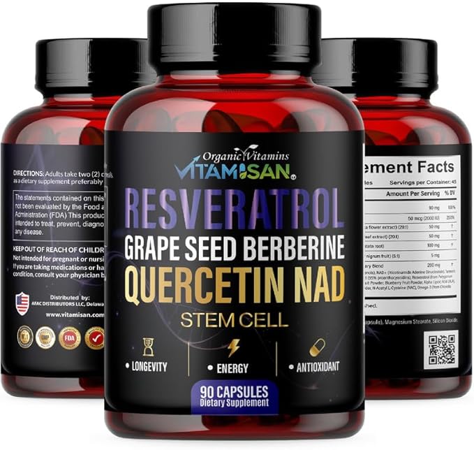 VITAMISAN Resveratrol NAD+ Quercetin Berberine & CoQ10 – Longevity & Antioxidant Support – 3 Bottles (270 Capsules) – Made in USA