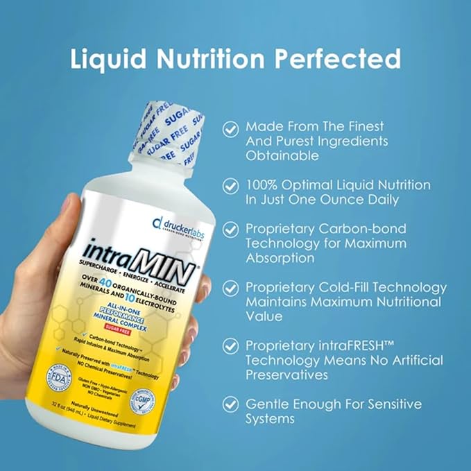 Drucker Labs - intraMIN Organic Liquid Minerals Supplement for Men, Women, Kids, Immune and Muscle Support, Non GMO, Gluten Free, Vegan, Electrolytes, Sugar Free (32 oz.,Unflavored)