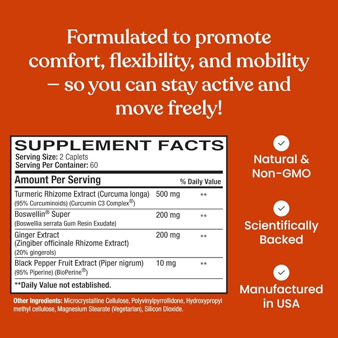 Better Way Health™ Curcumin Plus – Turmeric Curcumin C3® Complex with Boswellin®, BioPerine®, and Ginger – Joint Support & Inflammation Relief Supplement – 120 Caplets