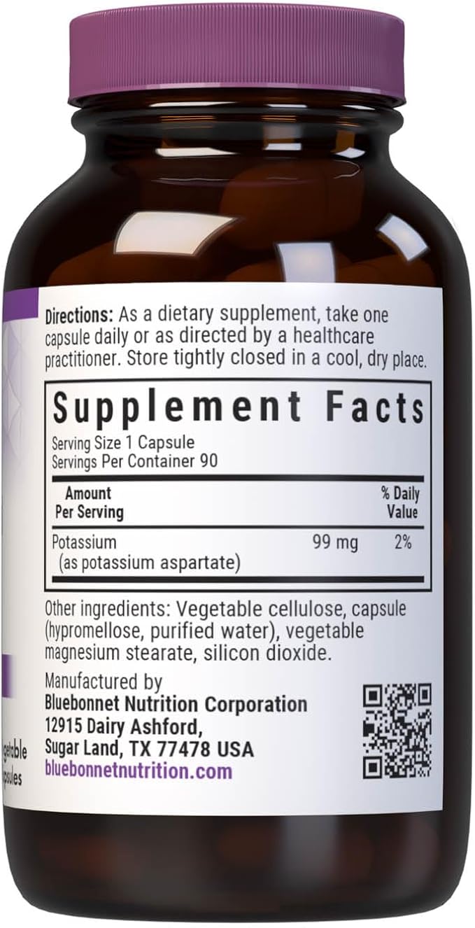 Bluebonnet Potassium Supplement Aspartate 99mg Essential Mineral Supplements for Electrolyte Balance - Non-GMO, Vegan, Kosher Certified, Gluten-Free, Soy-Free, Dairy-Free - 90 Veggie Capsules
