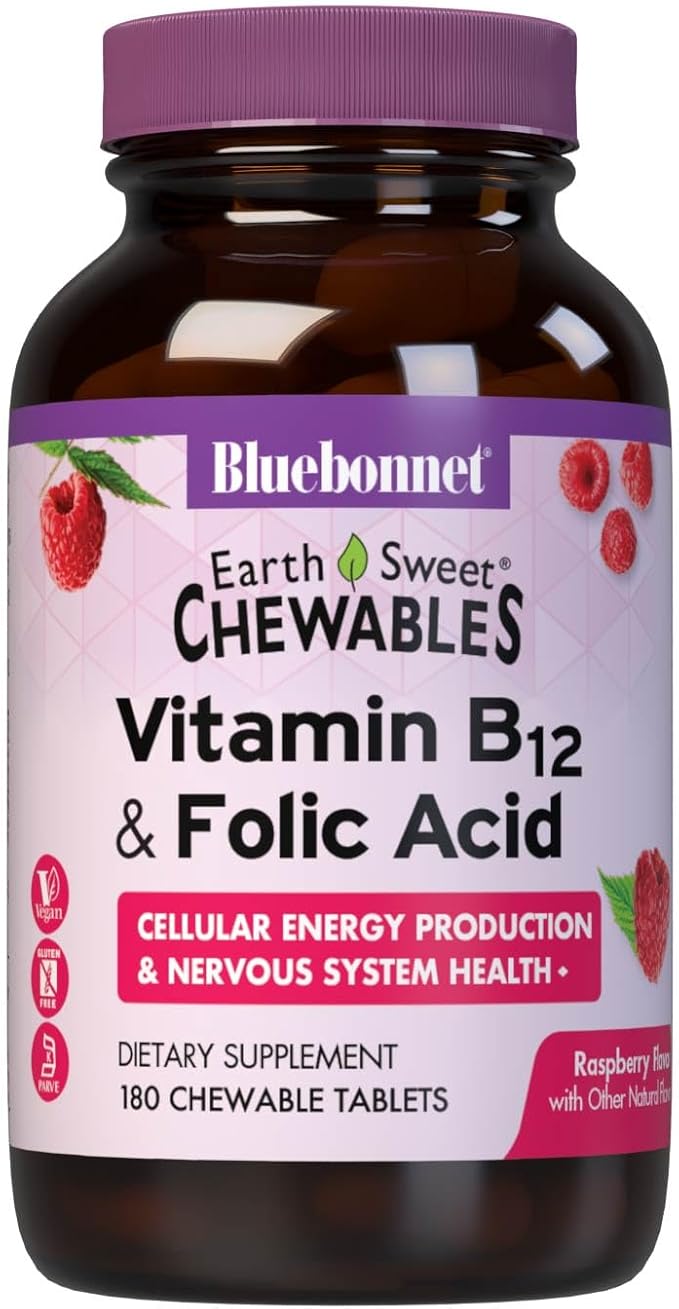BlueBonnet Nutrition Earth Sweet Vitamin B12 & Folic Acid Chewable Tablets, Cream Raspberry 180 Count (Pack of 1)