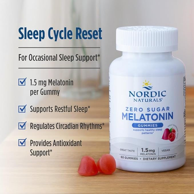 Nordic Naturals Zero Sugar Melatonin Gummies, Raspberry - 120 Gummies - 1.5 mg Melatonin - Great Taste - Restful Sleep, Antioxidant Support - Non-GMO, Vegan - 120 Servings