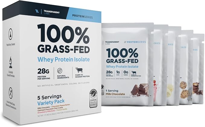 Transparent Labs Grass-Fed Whey Protein Isolate - Natural Flavor, Gluten Free Whey Protein Powder w/ 28g of Protein per Serving & 9 Essential Amino Acids - 5 Servings, Variety Pack