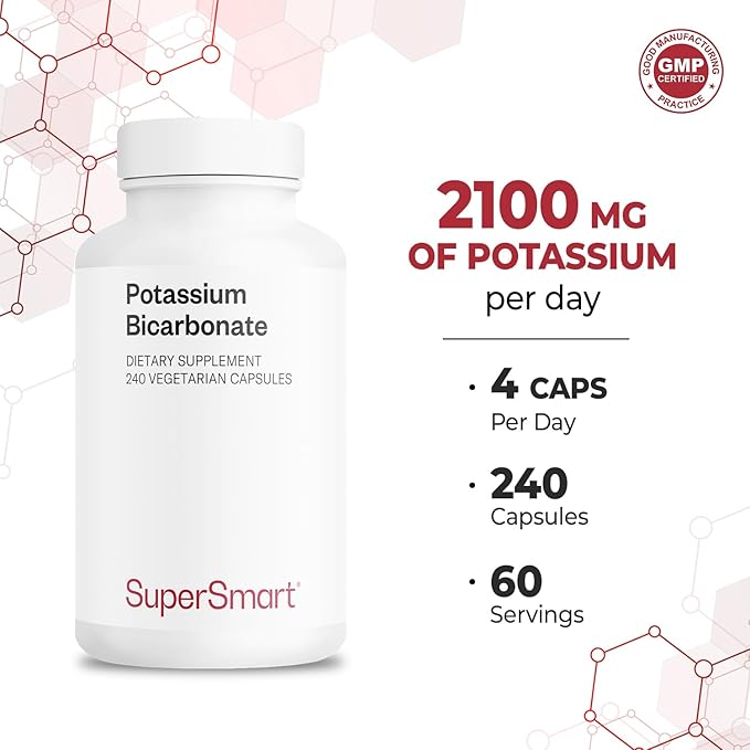 SuperSmart Potassium Bicarbonate (High Dose) - Electrolyte Mineral - pH Acid-Base Balance - Potassium Supplement | Non-GMO & Gluten Free - 240 Vegetarian Capsules