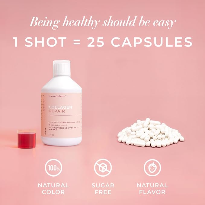 Swedish Collagen Repair | 10,000 mg Hydrolyzed Marine Collagen Liquid Supplement - 500 ml, 20 Day Supply I Hyaluronic Acid, Biotin & Vitamin C for Healthy Hair, Skin, Nails & Joints | Sugar-Free