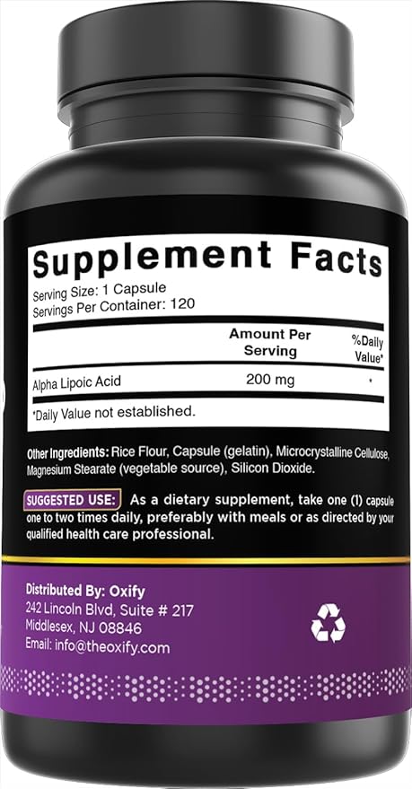 Oxify Alpha Lipoic Acid 200 mg | 120 Capsules | Gluten-Free, Non-GMO | Supplement Made in USA