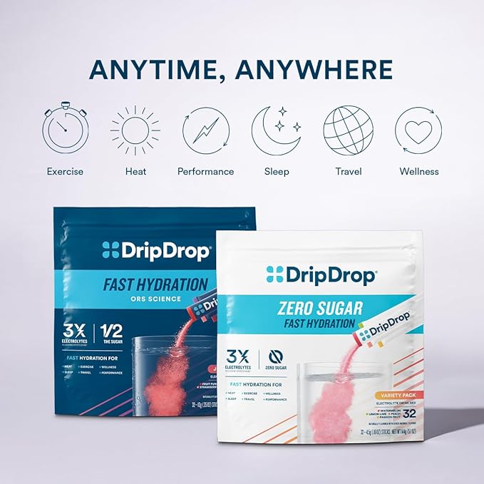 DripDrop Sugar Free Hydration Packets - Zero Classic Variety Pack - Single Serve Electrolytes Powder Drink Mix - Lemon Lime, Watermelon, Peach, Passion Fruit - Non-GMO, Gluten Free, Vegan - 32 Sticks