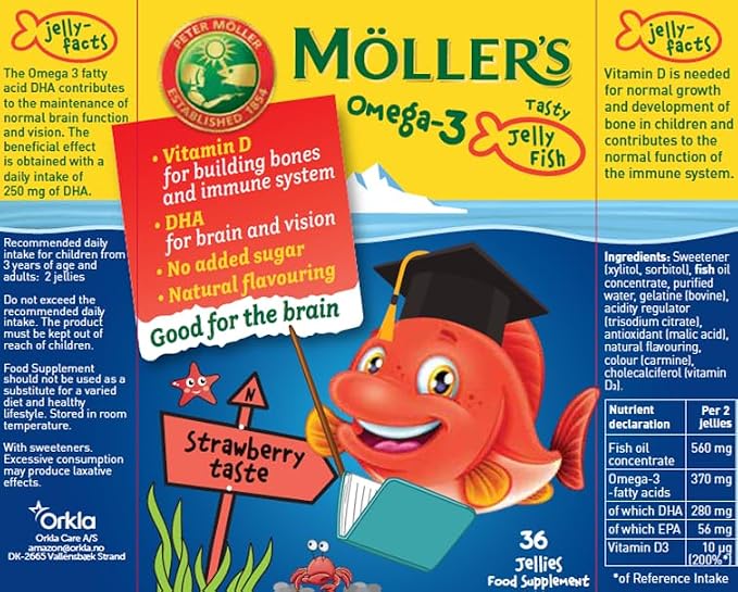 Moller’s ® | Omega 3 Capsules for Children | Natural Fish Oil Omega 3 Fish Oil for Kids | with DHA and EPA, No Gluten, Lactose or Added Sugar & Easy to Chew | Strawberry Flavor | 8 Pack - 288 Capsules