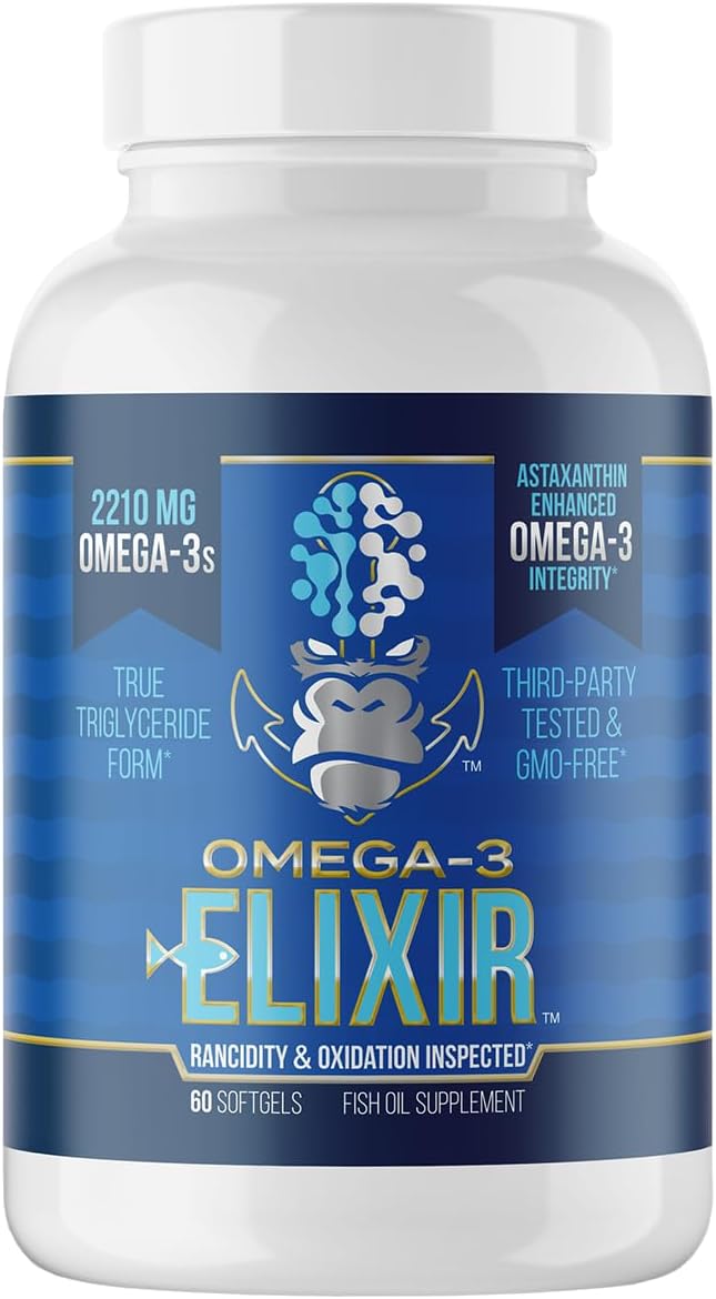 Gorilla Mind Omega-3 Elixir™ | 2210mg Fish Oil Re-Esterified Triglyceride Form | EPA, DHA + 2 Fatty Acids | Astaxanthin Infusion for Bolstered Integrity | 3rd Party & Rancidity Tested | 60 Softgels