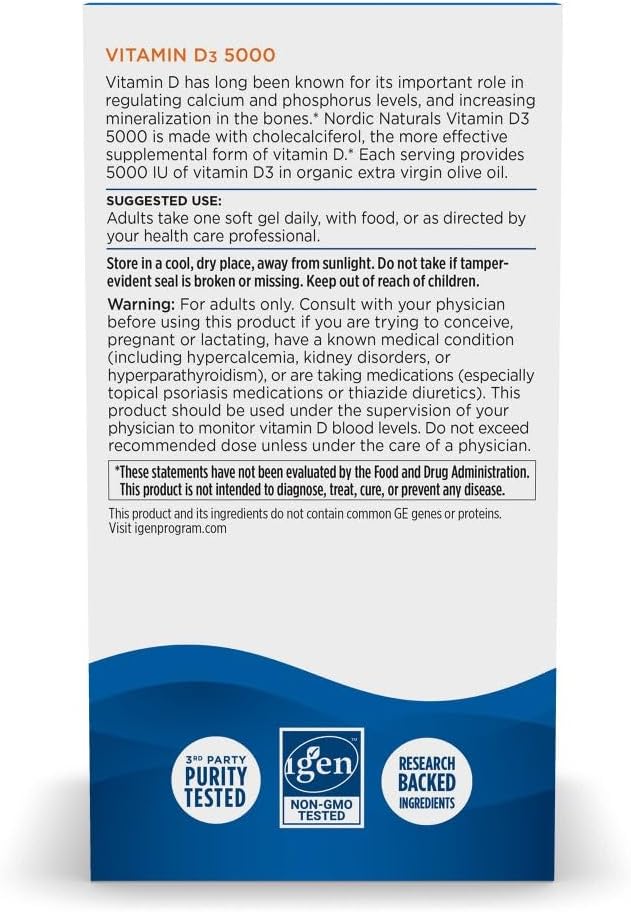Nordic Naturals Vitamin D3 5000, Orange - 120 Mini Soft Gels - 5000 IU Vitamin D3 - Supports Healthy Bones, Mood & Immune System Function - Non-GMO - 120 Servings (Pack of 2)