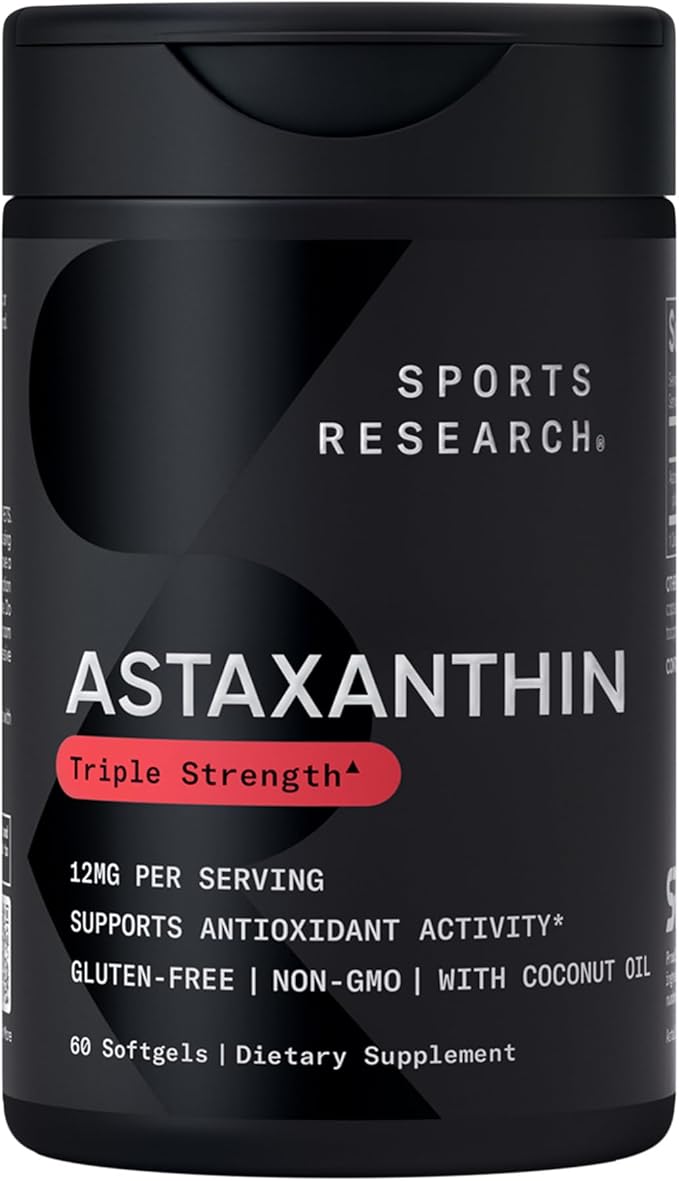 Sports Research® Healthy Skin and Hair Support - Vegan Biotin 10,000mcg with Coconut Oil, Triple Strength Astaxanthin 12mg, and Phytoceramides 350mg per Softgel · Non-GMO · Vegan · Gluten-Free