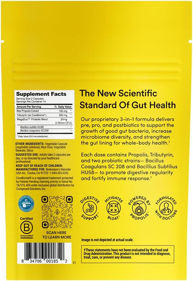 Beekeeper's Naturals Complete Gut Health, 3-in-1 Prebiotic, Postbiotic, Probiotics for Digestive Health & Bloating Relief for Women & Men, Propolis Powered, Gluten-Free Vegan Capsules, 28ct