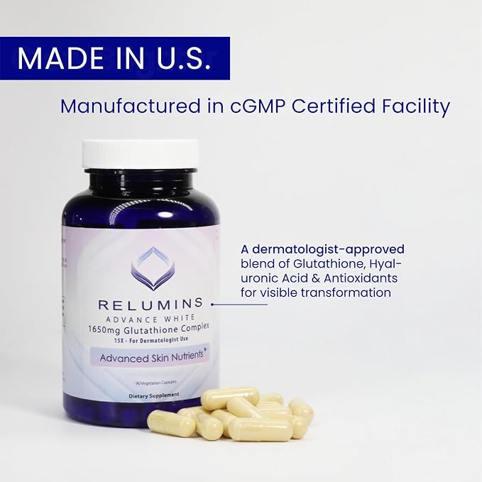 Relumins Advanced White Set - 1650mg Glutathione Complex (90 Capsules) and Advanced Vitamin C with Rose HIPS and Bioflavonoids (60 Capsules) Bundle, 1 Month Supply