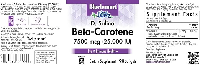 BlueBonnet Mixed Beta-Carotene 25,000 IU (7500 mcg) Eye Vitamins - Vitamin A Supplement D. Salina Algae Beta-Carotene, Lutein & Zeaxanthin for Eye Health & Immune Support - Gluten-Free - 90 Softgels