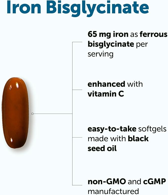 Micro Ingredients Ferrous Iron Bisglycinate 65 mg, 240 Softgels | Chelated Iron Supplement for Women & Men | Supports Red Blood Cell Production* | with Vitamin C & Black Seed Oil | Non-GMO
