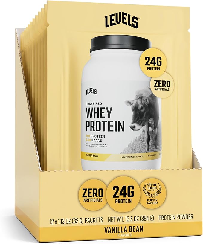 Levels Whey Protein Powder, No Artificials, Vanilla Bean, 12 Count | 24G of protein and 5.4G BCAAs per scoop, made with hormone-free dairy, zero junk, no fillers, no added sugar, certified clean