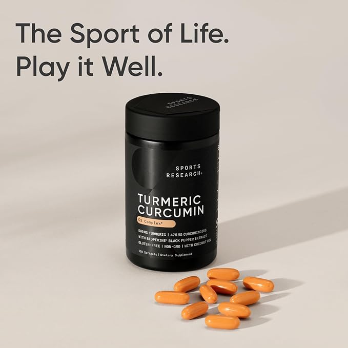Sports Research® Turmeric Curcumin C3 Complex® w/BioPerine Black Pepper Extract & Organic Coconut Oil - Standardized 95% Curcuminoids · Non-GMO · Gluten Free - 60 Count Softgels