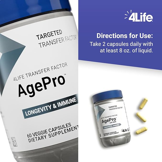 4Life - Transfer Factor - AgePro - Healthy Aging & Immune Support - NMN, Quercetin, AKG, Apigenin & Mushroom Extract - 60 Veggie Capsules