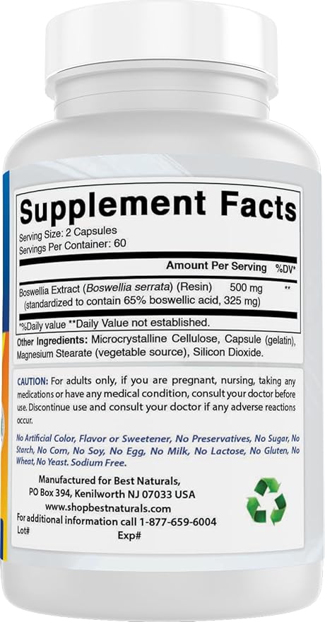 Best Naturals Boswellia Serrata Joint Health 250 mg 120 Capsules - Standardized to 65% Boswellic Acid (120 Count (Pack of 1))