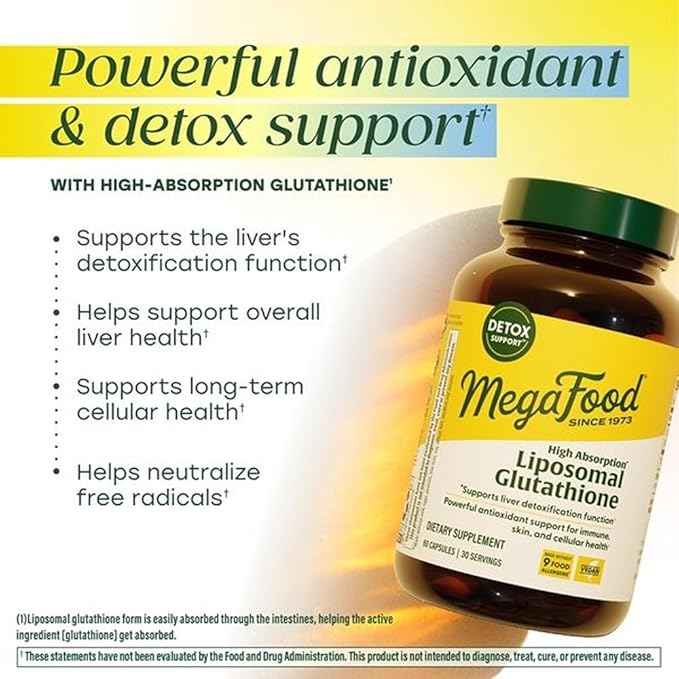 MegaFood High Absorption Liposomal Glutathione Supplement - Liver Detox & Powerful Antioxidant Support for Immune, Skin, Brain, and Cellular Health - Gluten Free, Vegan - 60 Capsules, 30 Servings