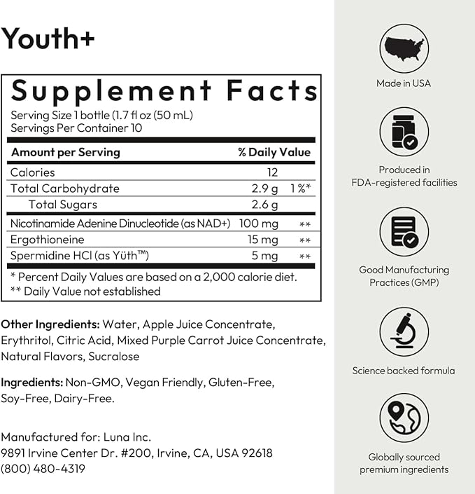 BIGVITA Youth+ | NAD+, Spermidine, and Ergothioneine Shots for Anti-Aging, Energy, Skin & Hair Health, Cognitive Support | Ready-to-Drink Supplement | Beauty from Within | Vegan, Made in USA