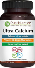 Pure Nutrition Ultra Calcium 1000mg with VIT D3 + K | 90 Tab | Calcium Supplement with Calcium Citrate Malate, VIT D3, K, Moringa Oleifera, Magnesium and Zinc.