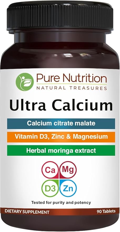 Pure Nutrition Ultra Calcium 1000mg with VIT D3 + K | 90 Tab | Calcium Supplement with Calcium Citrate Malate, VIT D3, K, Moringa Oleifera, Magnesium and Zinc.