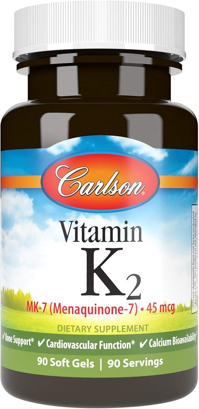 Carlson - Vitamin K2 MK-7 (Menaquinone), 45 mcg, Bone Support, Calcium Bioavailability, K2 Vitamin, Vitamin K-2, 90 Softgels