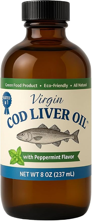 Virgin Cod Liver Oil - 8 Fl oz Natural, Wild Caught & Fresh Tasting,.High in Vitamin D, Omega 3 DHA/EPA (Peppermint Flavored)