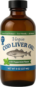 Virgin Cod Liver Oil - 8 Fl oz Natural, Wild Caught & Fresh Tasting,.High in Vitamin D, Omega 3 DHA/EPA (Peppermint Flavored)