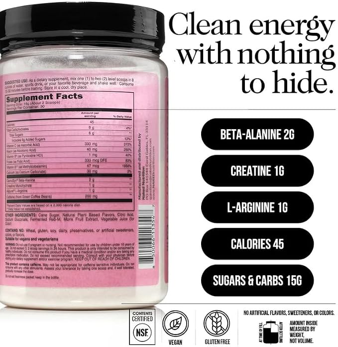 NAKED Strawberry Lemonade Energy - Clean Pre Workout Supplement for Men and Women, NSF Certified, Vegan Friendly, No Added Sweeteners, Colors Or Flavors - 30 Servings