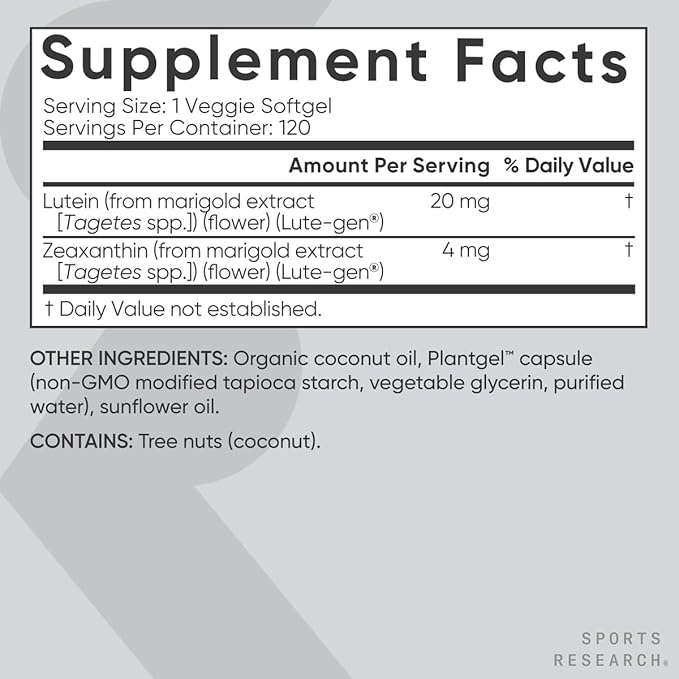 Sports Research® Lutein and Zeaxanthin Capsules - Eye Health Support Supplement Made with Lute-Gen® and Organic Coconut Oil - Vegan Friendly & Non-GMO Verified - 120 Veggie Softgels