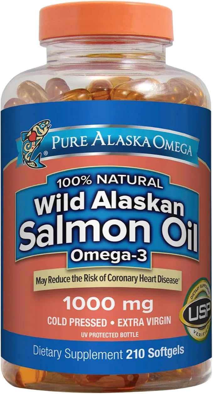 Omega-3 Wild Alaskan Salmon Oil 1000mg Softgels - Omega 3, Wild Alaskan Fish Oil, Softgels, Salmon Oil for Humans - 210 Count (Pack of 1)